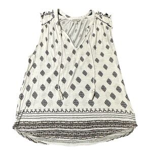 Lucky Brand Wht Blk Geometric Boho Blouse M Knit Shirt Open Shoulder Tasseled